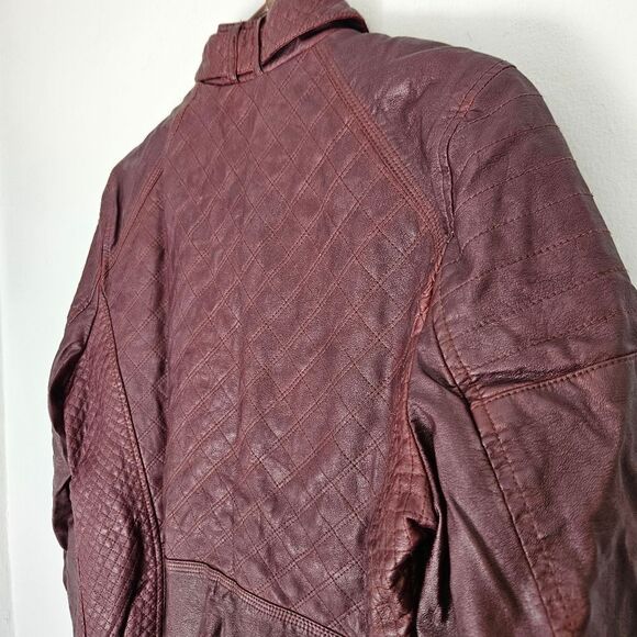 Vintage Guess '90s Burgundy Faux Leather Mandarin Neck Quilted Moto Jacket XL - Picture 14 of 16